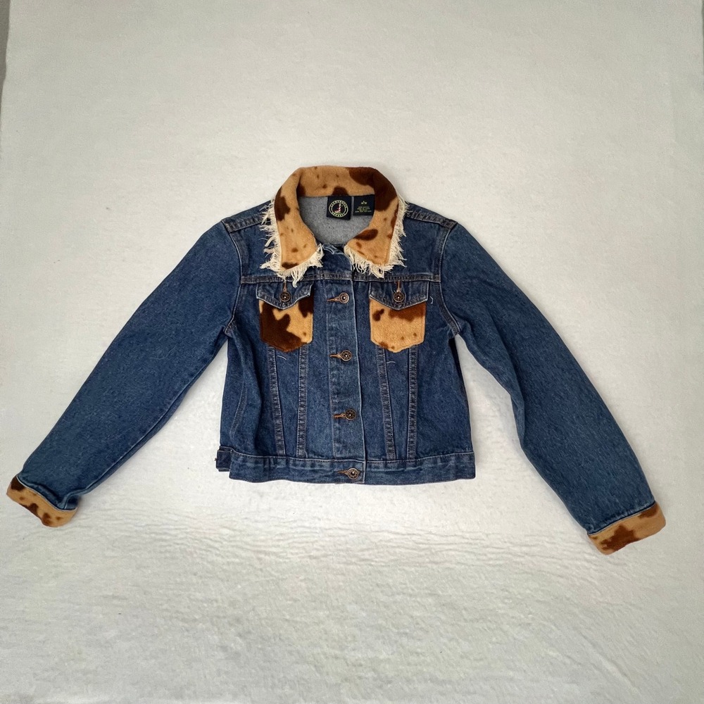 Kids Denim Jacket Faux Fur Trim Cow Print Western Style Blue Size L 14 16